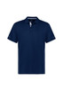 A navy short sleeve polo shirt featuring a collar, buttons, and a logo on the chest.