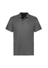 A grey men's short sleeve polo shirt with a collar and logo. Features a plain design and button placket.