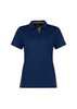 A navy blue women's short sleeve polo shirt with yellow accents and branding on the collar.