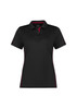 A women's short sleeve polo shirt in black with red accents, featuring a collar and a logo.