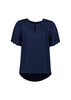 A navy short sleeve blouse with a keyhole neckline and a slight flare at the sleeves, featuring a logo.