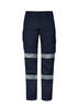 Navy blue work pants featuring reflective striping and cargo pockets, designed for rugged use. Includes branding.