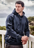 A navy unisex water-resistant hoodie with a front pocket and drawstring hood is displayed outdoors. It features a logo.