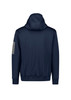 A navy unisex water-resistant hoodie with a hood and a logo on the sleeve.
