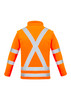 A bright orange softshell jacket featuring reflective X-back stripes and sleeves. The jacket has a collar and a logo.