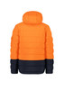 An orange hooded puffer jacket with navy accents and a side pocket. The back view highlights the puffer design.
