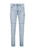 A pair of light blue stretch jeans with a slim fit and cargo pocket detail, featuring a waistband and stitching.