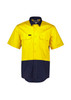 A men's short sleeve work shirt in bright yellow and navy blue, featuring two chest pockets and a logo.