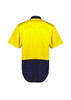 A hi-vis short sleeve shirt in bright yellow and navy, featuring a logo. Ideal for workwear applications.