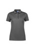A women's short sleeve polo shirt in grey, featuring a classic collar and button placket, with a logo on the chest.