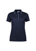 A navy women's short sleeve polo shirt featuring a contrasting collar and buttons, with a logo on the chest.