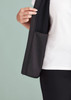 A black zip front vest featuring a pocket on the inside, designed for women's wear.