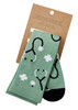 A pair of mint green unisex socks featuring a medical stethoscope pattern and a logo on the packaging.