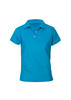 A women's short sleeve polo in bright turquoise, featuring a collar and button placket, with a logo on the chest.
