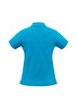 A women's short sleeve polo shirt in bright blue, featuring a collar and a logo on the back.