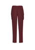 A pair of women's slim leg scrub pants in burgundy, featuring side pockets and an elastic waistband.