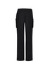 Women's straight leg scrub pants in black with elastic waistband and side cargo pockets.