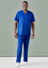 Men's scrub pants in vibrant blue, paired with a matching scrub top, featuring pockets. The model is standing against a neutral background.