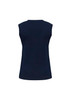A navy women's V-neck knit vest with no sleeves, featuring a simple design and a logo on the back.