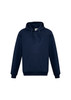 A navy men's crew hoodie with a front pocket and a drawstring hood. The garment features a logo on the tag.