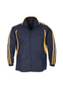 A navy track jacket with yellow stripes running down the sleeves and a zip front. It has a logo on the chest area.
