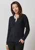 A black merino cardigan with a button-down front, featuring a fitted silhouette and long sleeves. It has a logo.
