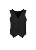 A black women's peaked vest featuring a button-up front and two side pockets, with a branding logo.