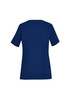A navy blue women's scrub top with short sleeves and a round neck design, featuring a logo.