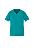 A teal women's V-neck scrub top featuring short sleeves and two front pockets. It includes a logo on the side.