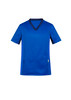 A blue men's scrub top featuring short sleeves, a v-neckline, and an integrated pocket. It includes a branding logo.