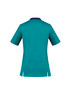 A teal women's scrub top with short sleeves and a navy collar, featuring side slits and a logo.