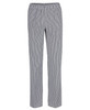 Elasticated chef pants in a black and white check pattern, featuring a relaxed fit and an elastic waistband.