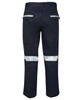 Navy work trousers featuring reflective tape on the legs and pockets, with a logo on the back.