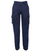 Navy cargo pants with multiple pockets and a straight cut design. Features a waistband with a button closure.