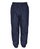 Navy track pants with an elastic waistband and a single back pocket, featuring a logo on the side.