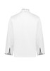 A white long sleeve chef jacket with black detailing, featuring a collar and tailored fit. Includes a logo on the sleeve.