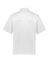 A short sleeve chef jacket in white, featuring a back view with a collar and side pockets. It has a logo.