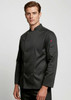 A long sleeve chef jacket in black, featuring a stylish design and a logo on the left sleeve.