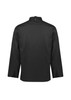 A black long sleeve chef jacket featuring a high collar and back vents. Includes a branding logo.