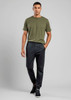 Men's jogger pants in black, paired with an olive green t-shirt. The pants have an elastic waist and a logo.