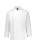 A white long sleeve chef jacket featuring a logo, designed for chef uniforms.