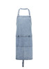 A denim apron in light blue with adjustable straps and front pockets, featuring a logo on the front.