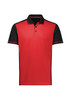 A short sleeve polo shirt in red with black accents and a logo on the chest.