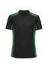 A black and green unisex short sleeve polo shirt with contrasting side panels and a logo on the chest.
