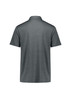 A grey short sleeve polo shirt with a collar and a logo on the back.