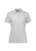 A women's short sleeve polo in a light grey colour with a button-up collar and a logo.