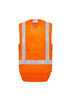 A high visibility orange unisex vest with reflective strips, featuring a front pocket and no sleeves.