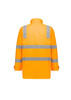 A waterproof jacket in bright orange with reflective strips, featuring a logo on the back. Suitable for visibility.