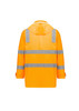 A waterproof, unisex hi-vis jacket in bright orange with reflective stripes and a hood. Features a logo.