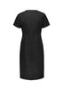 A short sleeve black dress with a fitted silhouette and a concealed back zipper. It has a simple design and no visible branding.